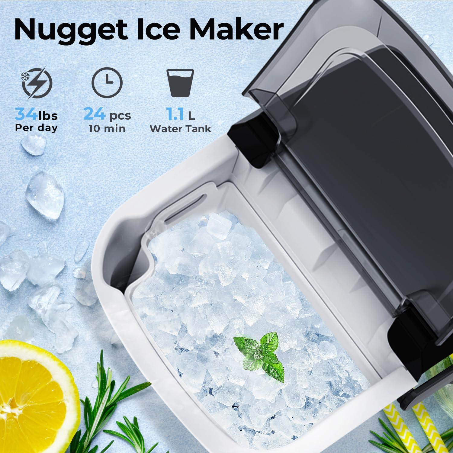 Compact Black Stainless Steel Nugget Ice Maker with Scoop