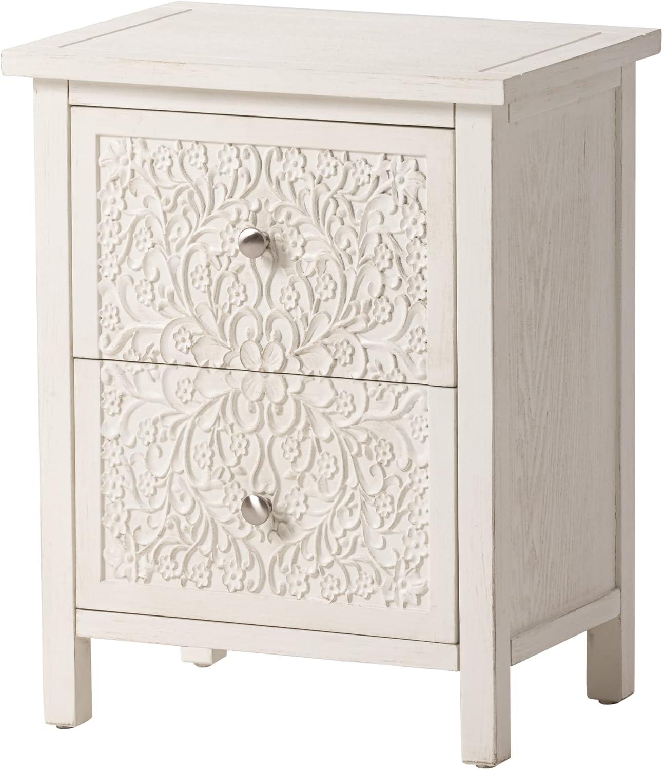 COZAYH Farmhouse Fully-Assembled Nightstand with 2-Drawer, Flower Motif End Table for Small Spaces, French Country, Modern, Distressed Finish, White-Washed