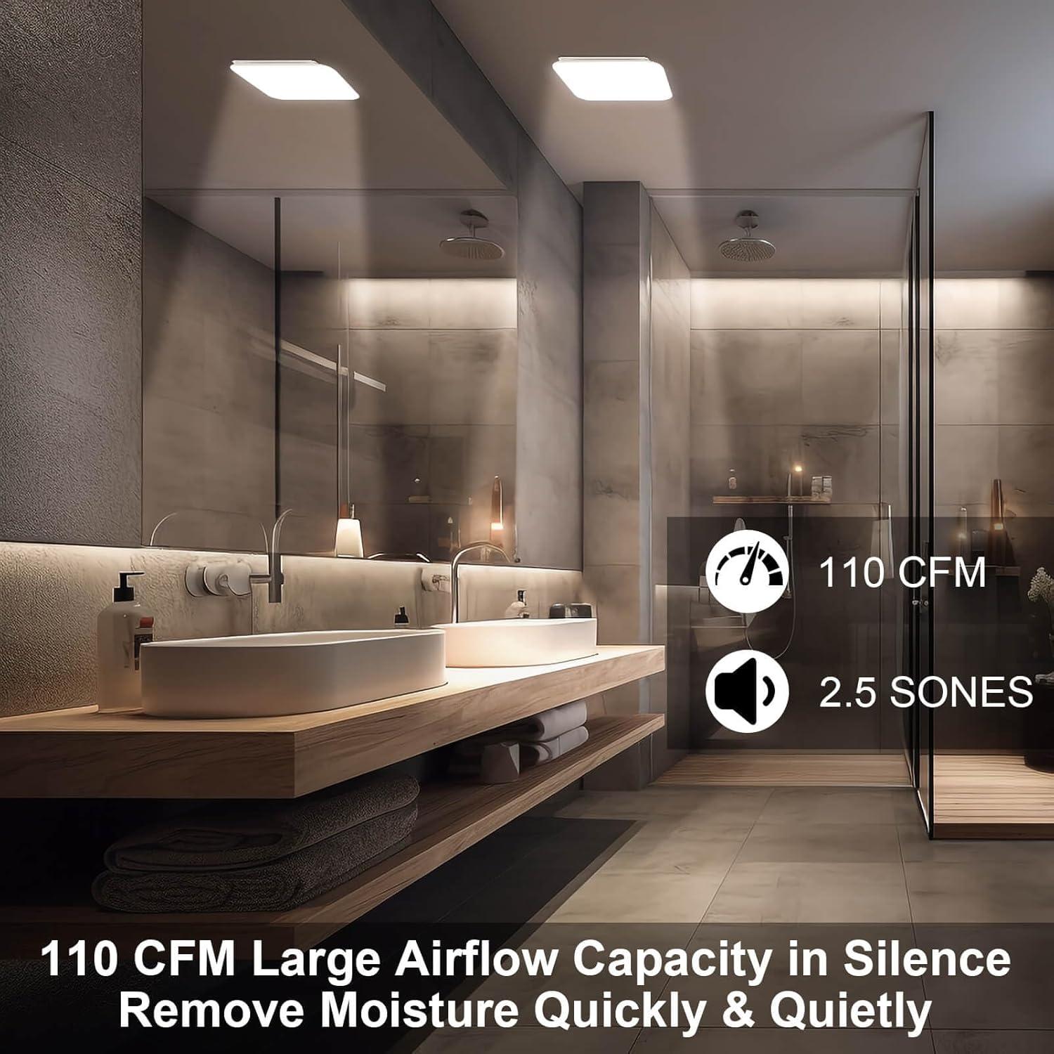 Bathroom Exhaust Fan with Light 110 CFM Quiet with Color Change, 3000K/4000K/5500K 1000LM Household Ventilation Fan Light Combo, Energy Saving Ceiling Mount Bathroom Extractor, Memory Function