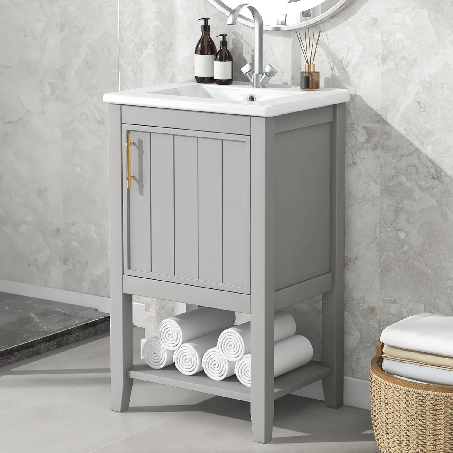 Bellemave 20" Small Bathroom Vanity with Sink, Modern Bathroom Storage Cabinet with Door and Storage Rack, Free Standing Single Basin Vanity with Open Shelf, Undermount Ceramic Sink（Grey）