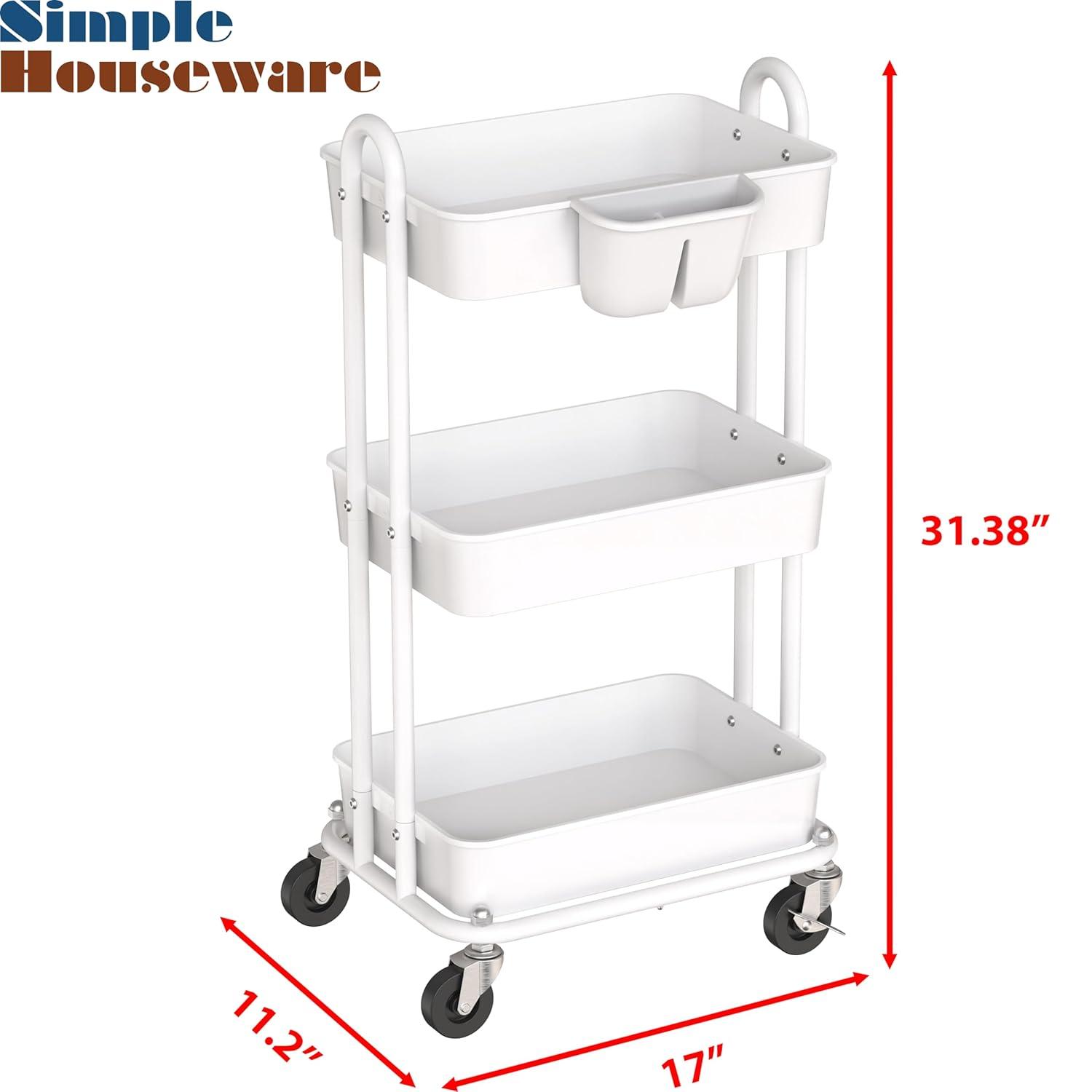 Simple Houseware 3-Tier Multifunctional Rolling Utility Cart with Hanging Bucket, White