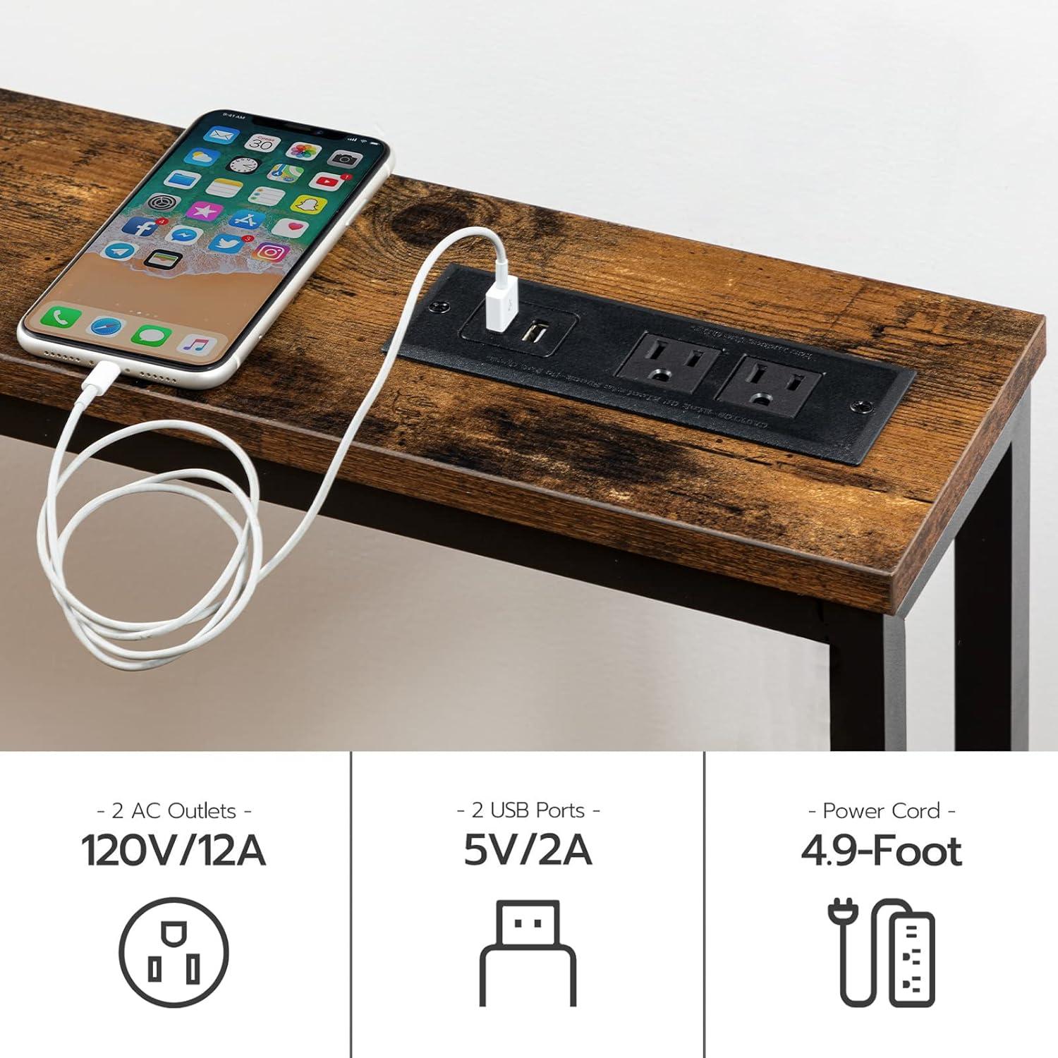 47.2" Skinny Console Table with Power Outlets and USB Ports, Table with Charging Station, Narrow Sofa Table, Behind Couch Table, for Entryway, Hallway, Foyer, Rustic Brown BF15XG01G1