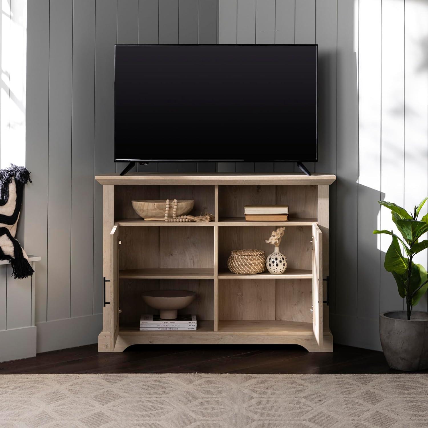 White Oak Corner TV Console with Grooved Doors and Cabinet