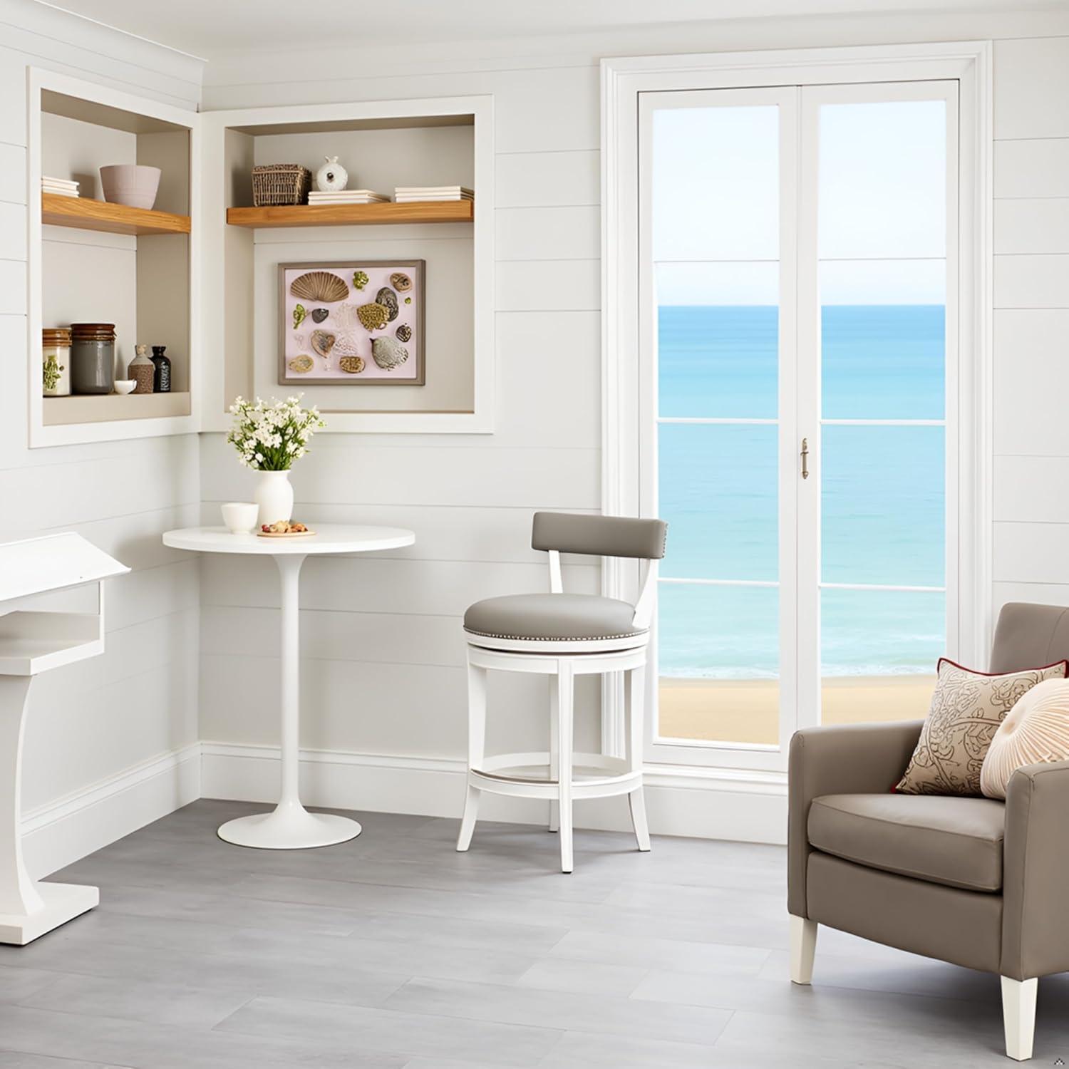 Alaterre Hanover Swivel Counter Height Bar Stool, 26-Inch Seat Height, White and Gray, Solid Rubberwood Frame with Faux Leather Upholstery, Nailhead Trim, Memory Return Swivel Mechanismv