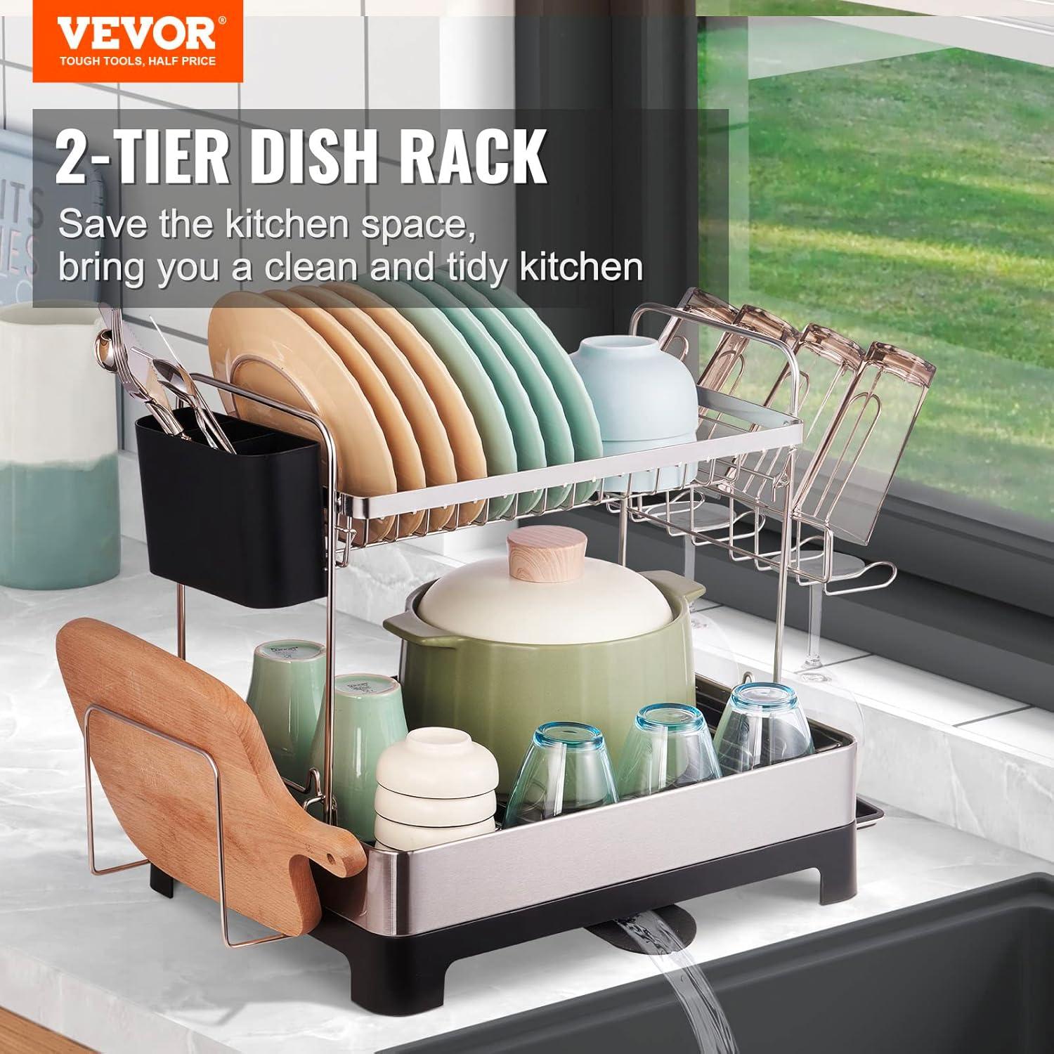 Stainless Steel Two-Tier Dish Rack with Utensil Cup