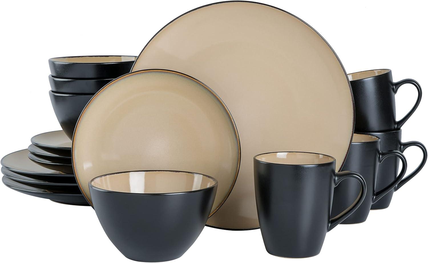 Taupe and Black Porcelain Square Dinnerware Set, Service for 4