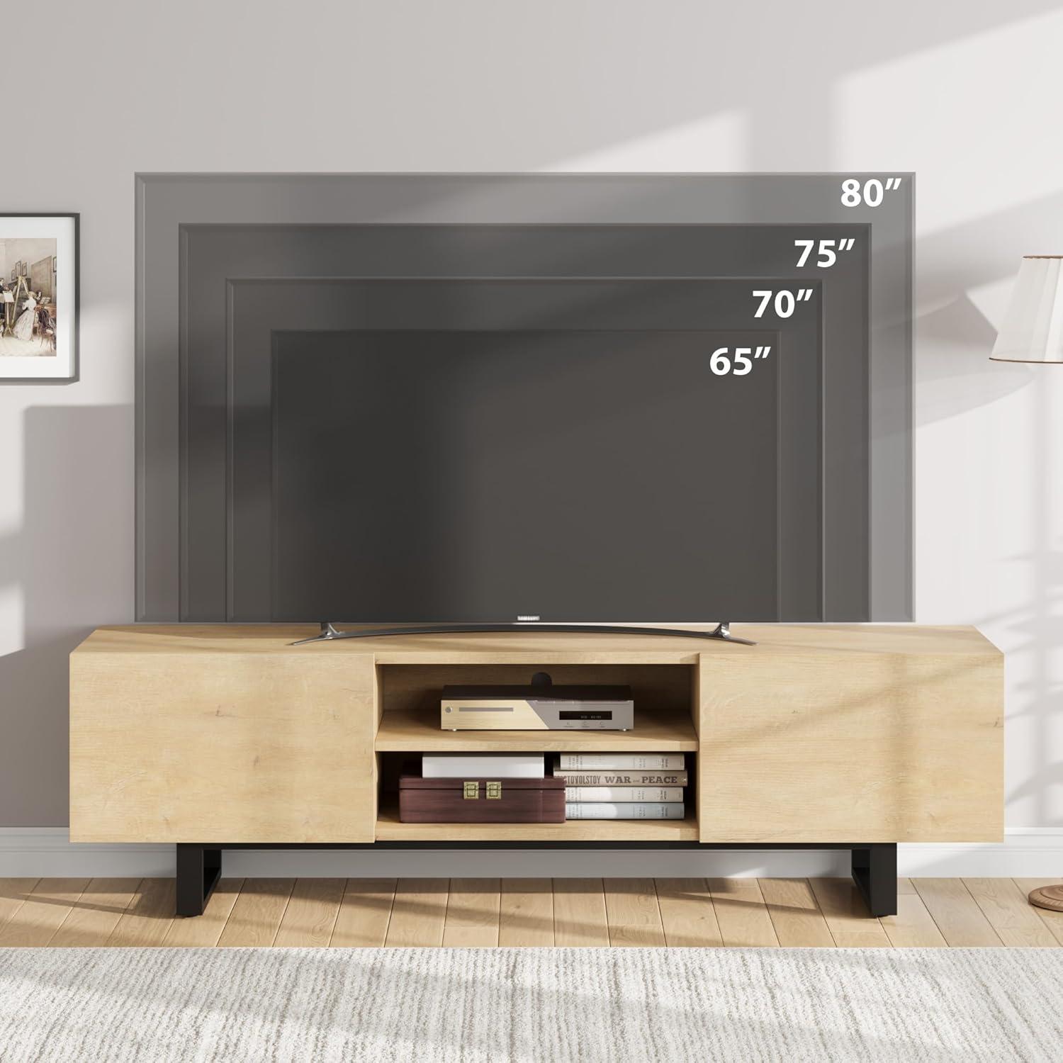 Industrial TV Stand for 80 Inch, Modern Entertainment Center with 2 Drawers, Wooden Cabinet with Heavy Duty Leg and Open Storage for Bedroom, Walnut