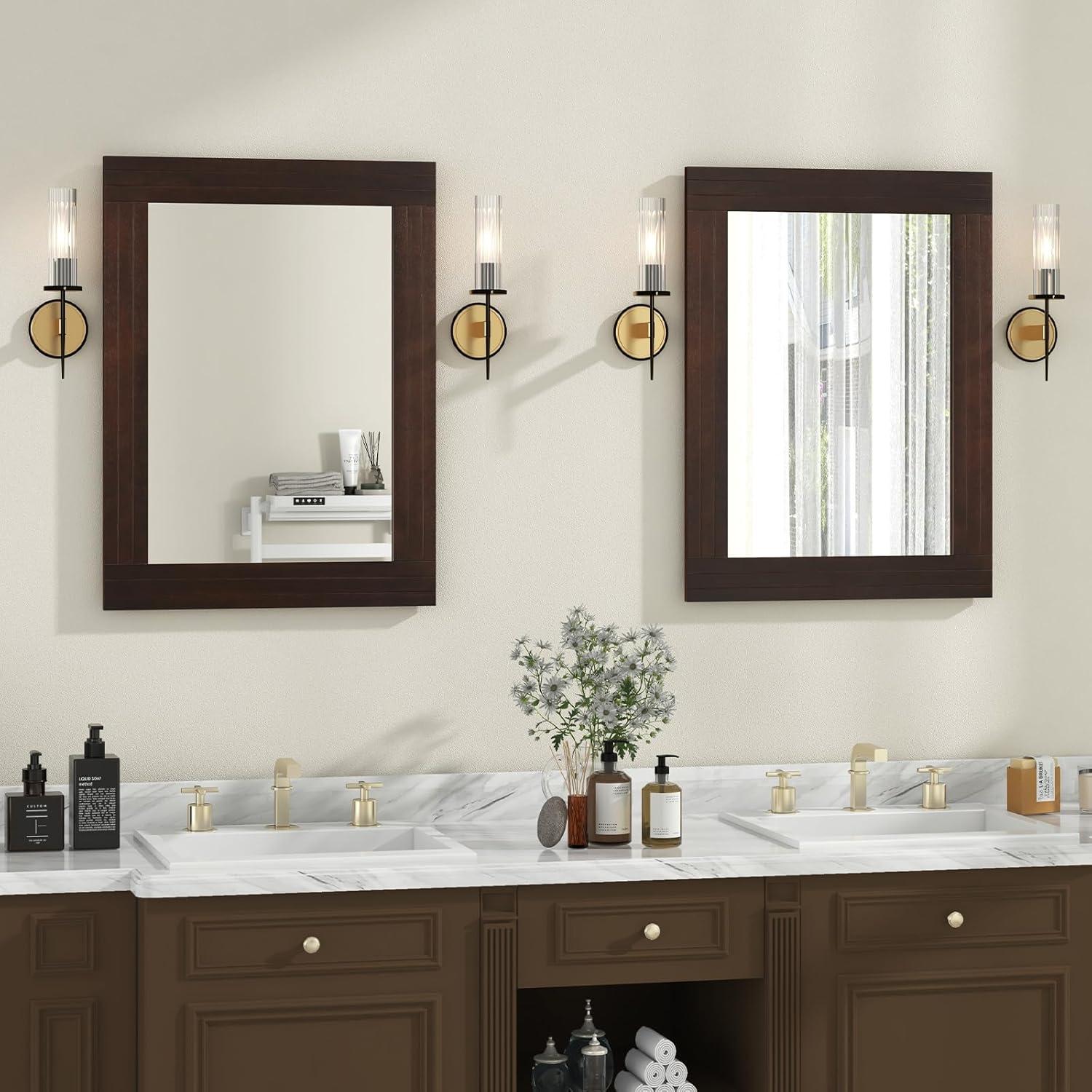 Tangkula 24" x 32" Brown Wood Rectangular Bathroom Mirror