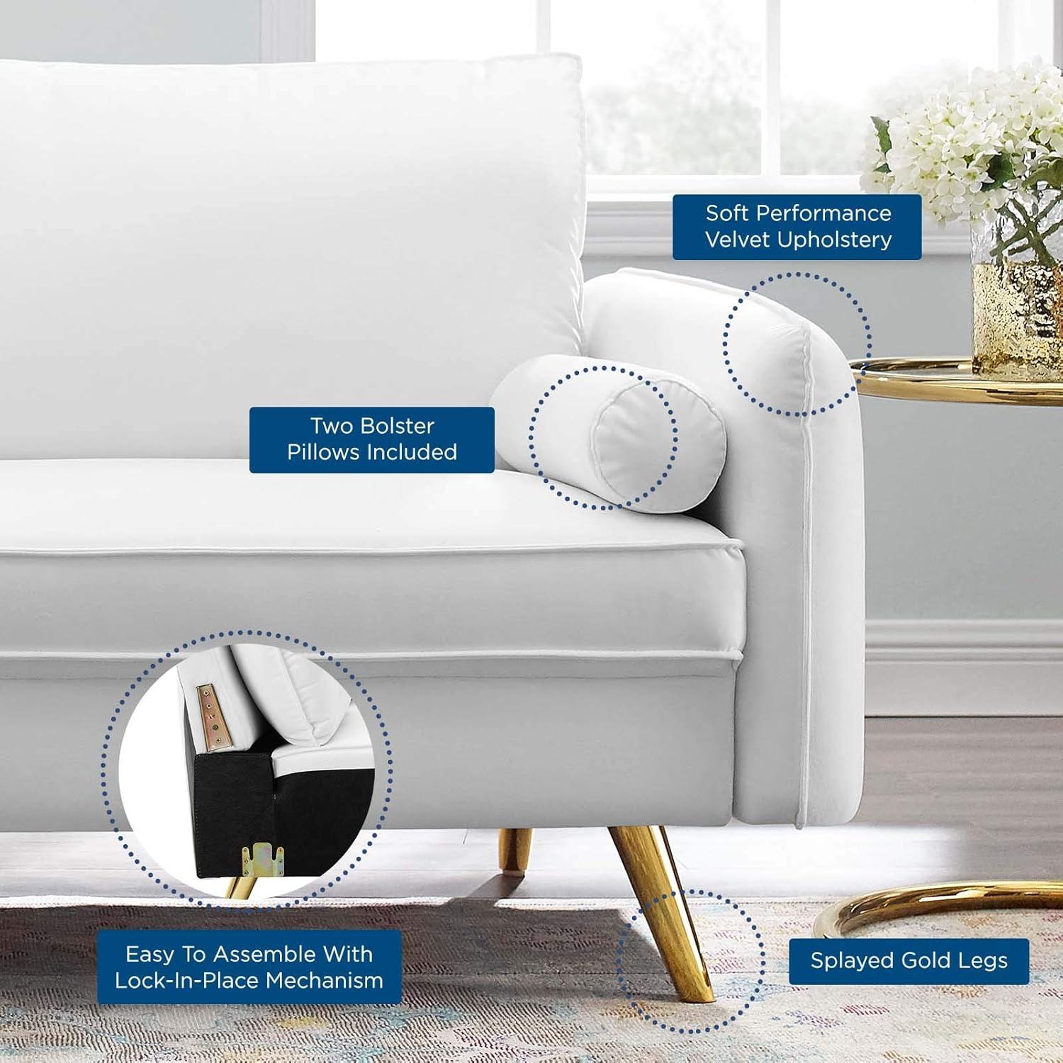 Revive Performance Velvet Sofa White - Modway: Upholstered Couch with Gold Legs & Bolster Pillows