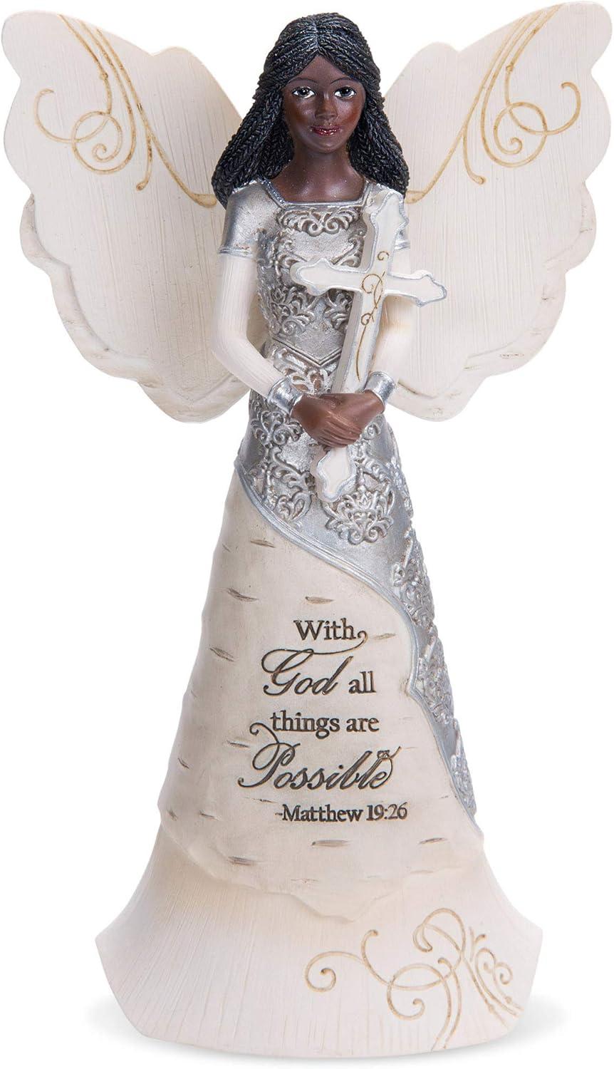 Ebony Resin Angel Figurine with Cross and Scripture, 6.5 inches