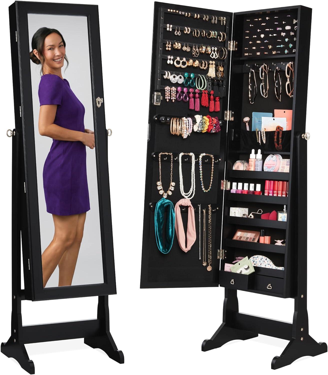 Best Choice Products Jewelry Armoire Cabinet, Full Length Mirror w/ Velvet Storage Interior, Lock