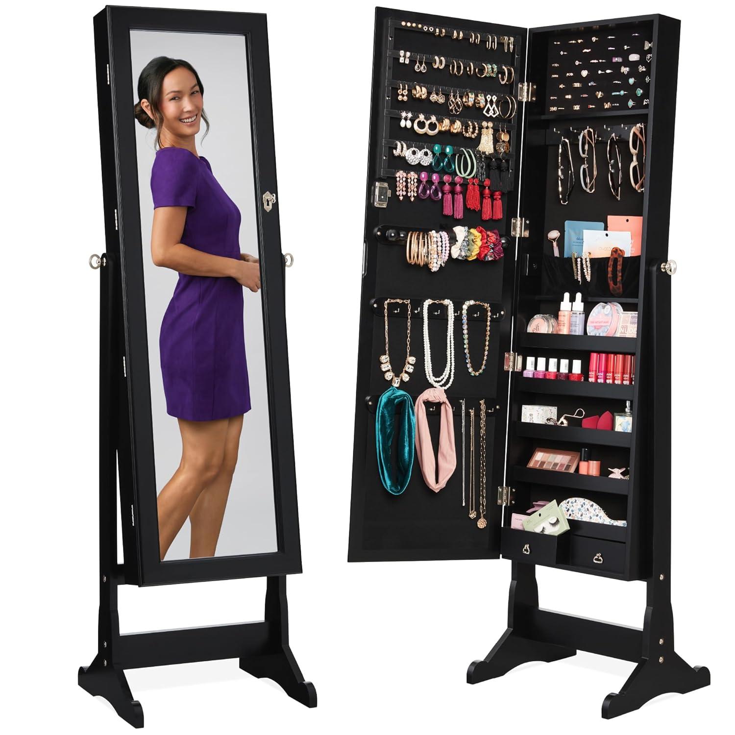 Best Choice Products Jewelry Armoire Cabinet, Full Length Mirror w/ Velvet Storage Interior, Lock - Black