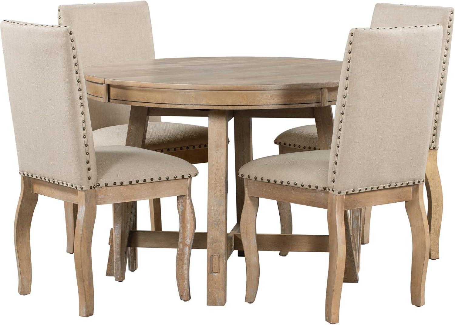 Harper & Bright Designs 5-Piece Kitchen Dining Table Set, Wood Round Extendable Dining Table and 4 Upholstered Dining Chairs, Farmhouse Dining Room Set for 4 Persons (Natural)