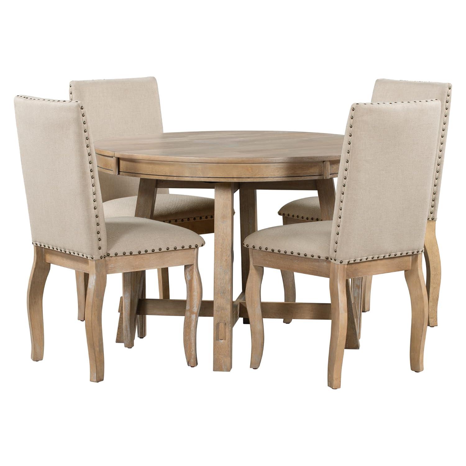 Harper & Bright Designs 5-Piece Kitchen Dining Table Set, Wood Round Extendable Dining Table and 4 Upholstered Dining Chairs, Farmhouse Dining Room Set for 4 Persons (Natural)