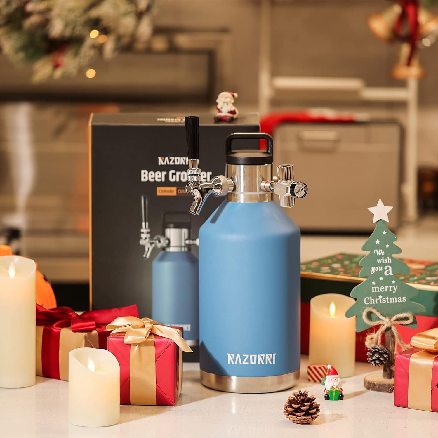 Razorri Engorde de Cerveza de Acero Inoxidable de 64 Oz, Barril Carbonatado con Aislamiento Al Vacío de Doble Pared con Grifo de Barra Profesional y Regulador de CO2 a Presión, 0,5 Galones, Azul Océano