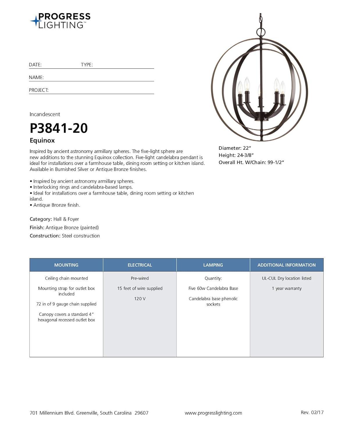 Progress Lighting Equinox 5-Light Chandelier Pendant, Steel, Antique Bronze, No Shade