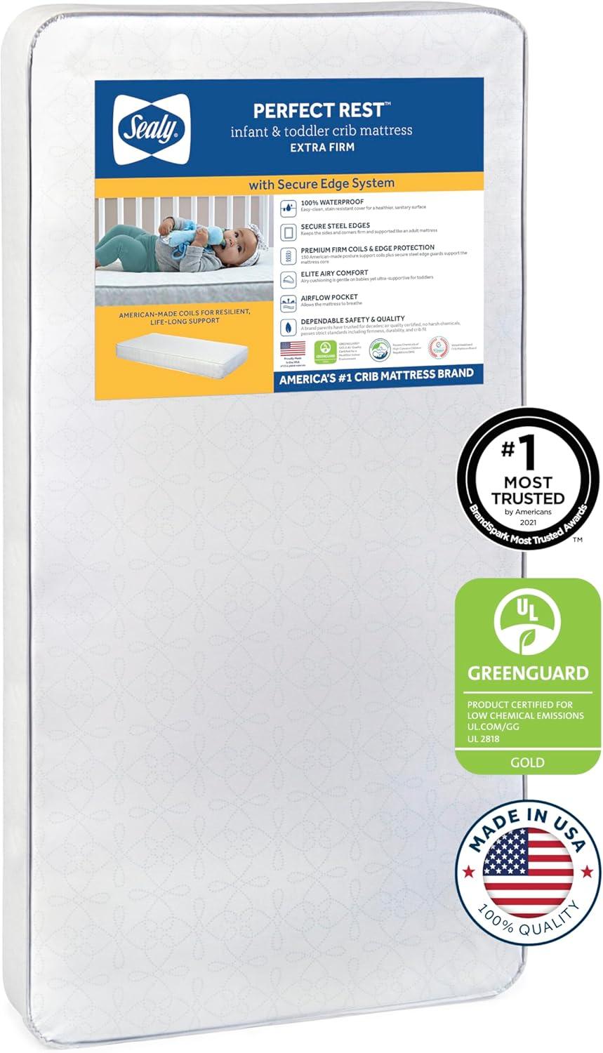 Sealy Baby Premium Firm Hypoallergenic Baby Crib Mattress & Toddler Bed Mattress, Waterproof Baby Mattress, 150 Coils, Air Quality Certified, 52"x28"