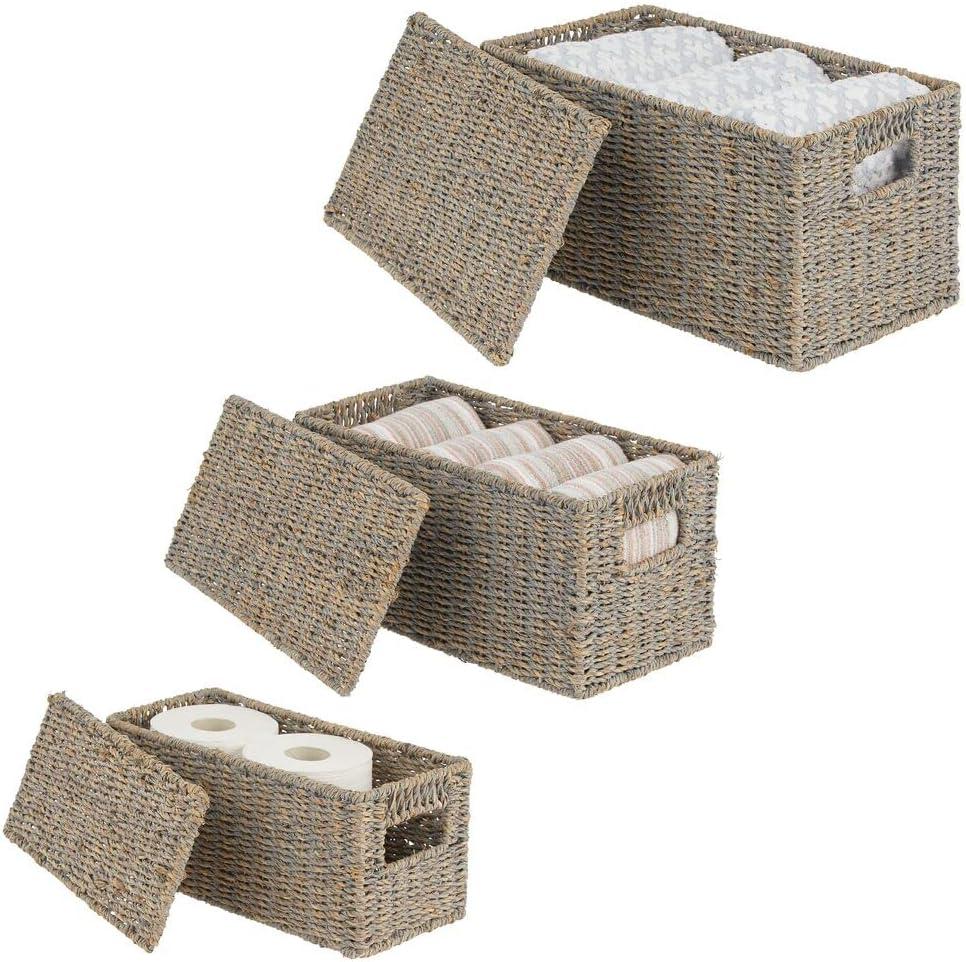 mDesign Woven Seagrass Home Storage Basket with Lid, Set of 3