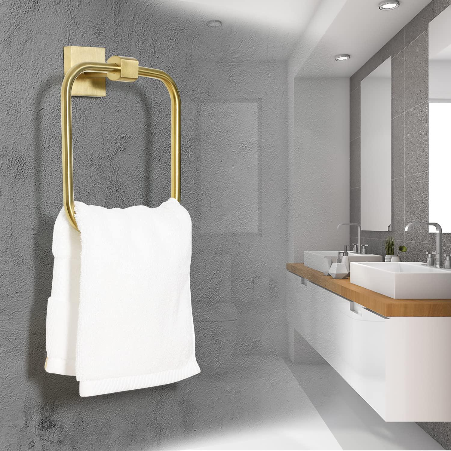 HouseAid Square Hand Towel Ring for Bathroom Stainless Steel Towel Holder Modern Hand Towel Hanger Wall Mounted Brushed Gold
