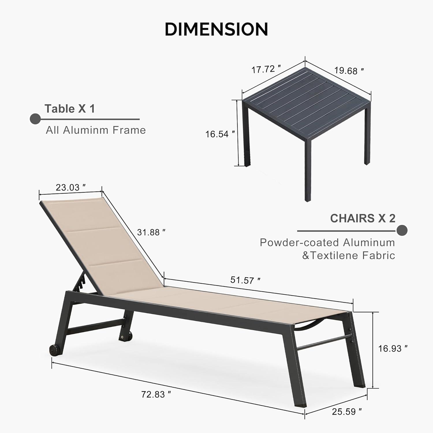 PURPLE LEAF Outdoor Chaise Lounge with Wheels for Outside 2 Pieces Aluminum Patio Lounge Chair with 5 Adjustable Position Recliner for Patio, Beach, Yard, Pool, Side Table Included, Beige