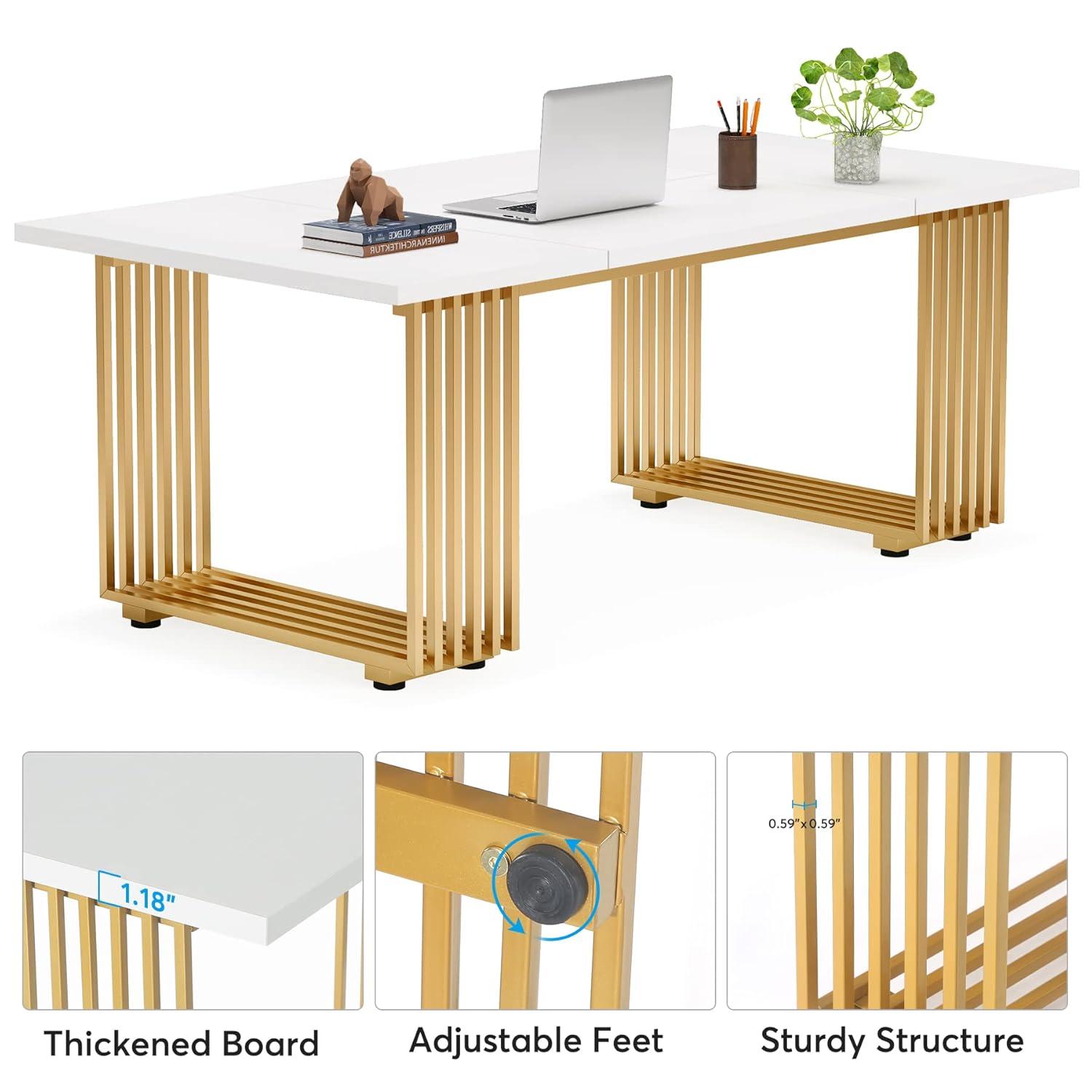 Tribesigns 70.9" Executive Office Desk, Modern Conference Desk with Metal Frame, White Gold