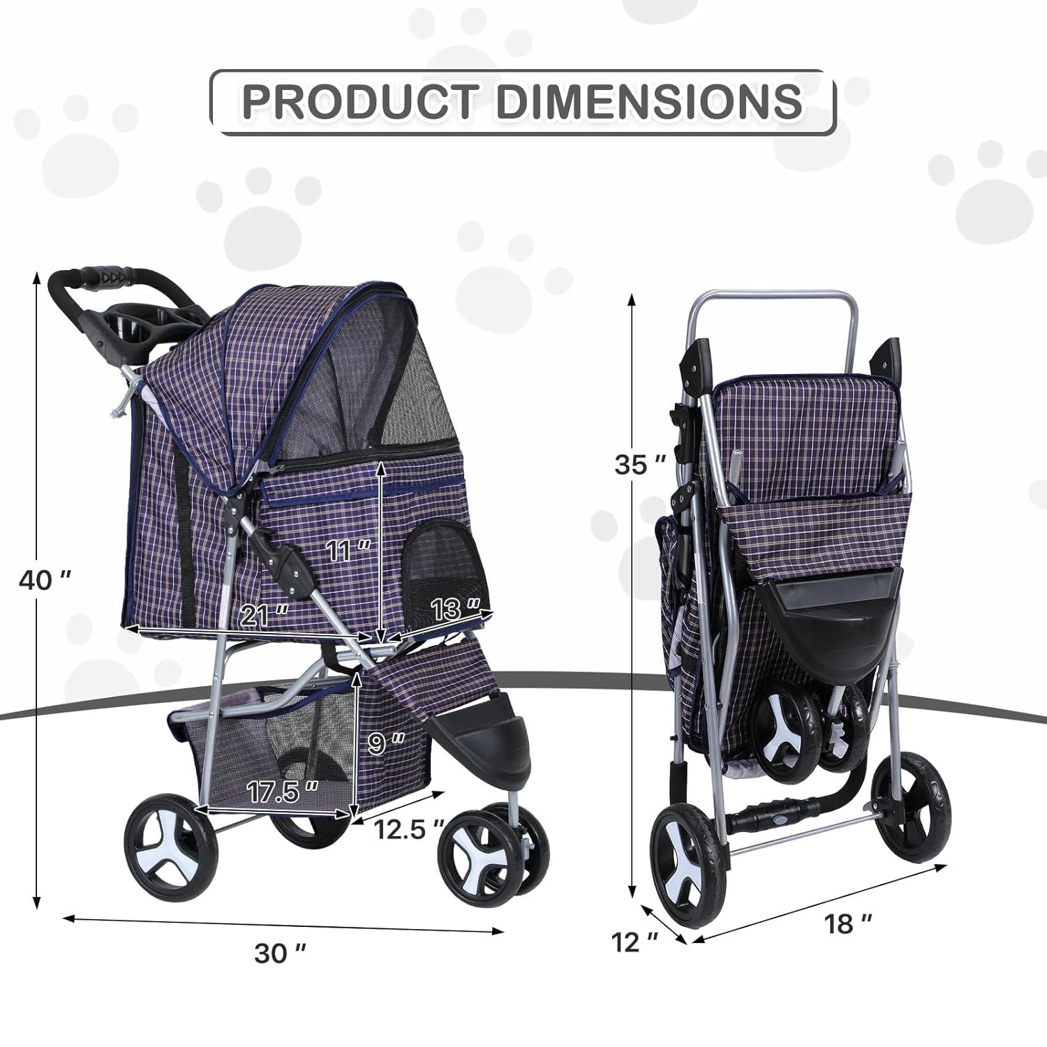 Plaid Foldable Dog Stroller with Storage and Cup Holder