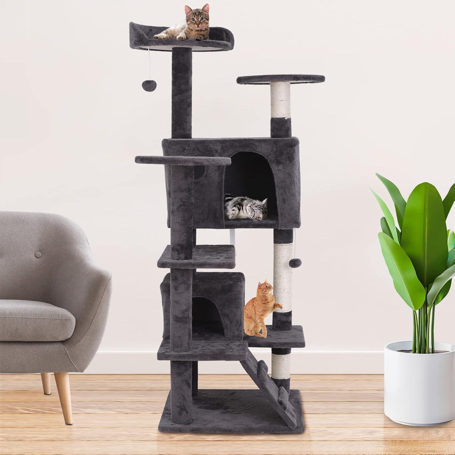 53 Inches Multi-Level Cat Tree Furniture Kitten Activity Play House Bed Pet Kitty Climbing Tower with Scratching Posts/Plush Perch/Scratcher Ladder/Tunnel for Cats,Kittens,Pets (Grey)