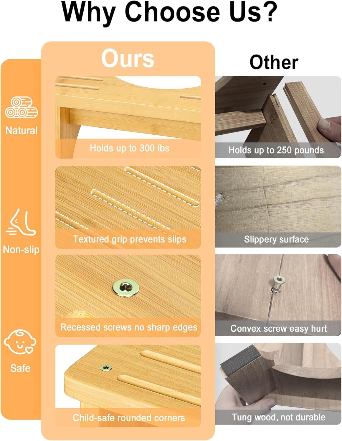 Bamboo Toilet Stool for Adults, 6.5" Toilet Stool Squat Adult Kids, Portable Simple Curve Squat Toilet Potty Stool, Non-Slip Poop Stool for Bathroom, Improve Squatting Posture and Comfort (Wood)