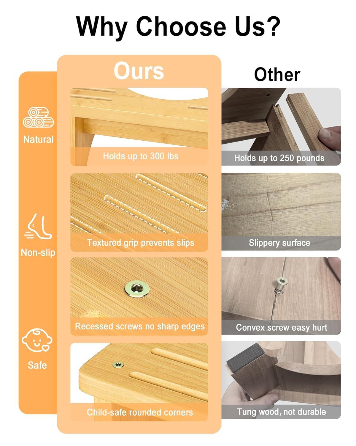 Bamboo Toilet Stool for Adults, 6.5" Toilet Stool Squat Adult Kids, Portable Simple Curve Squat Toilet Potty Stool, Non-Slip Poop Stool for Bathroom, Improve Squatting Posture and Comfort (Wood)