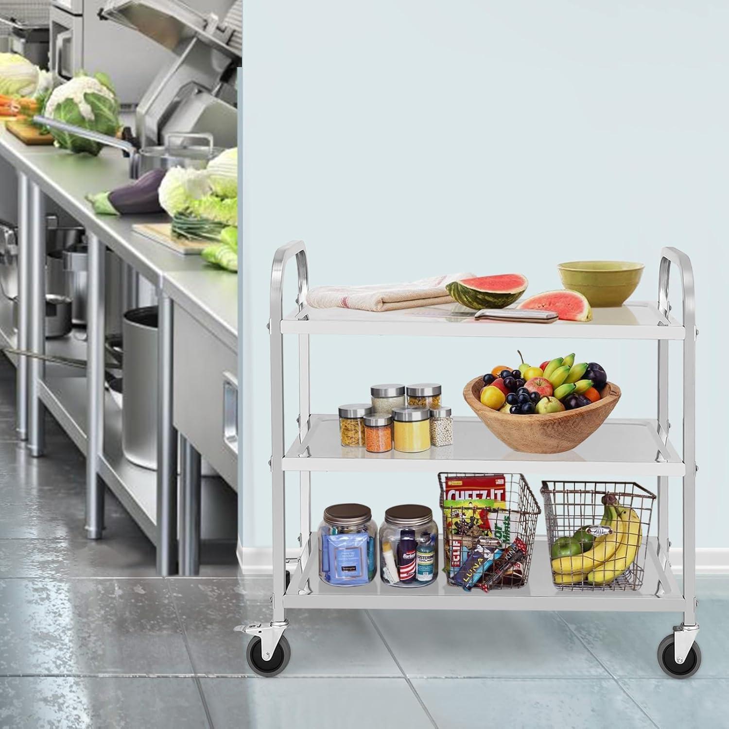 Danolapsi Kitchen Utility Cart,3 Tiers Stainless Steel Rolling Cart, Heavy Duty Trolley Service Cart with Handle and Locking Wheels,for Kitchen, Restaurant,Hospital,Laboratory and Home