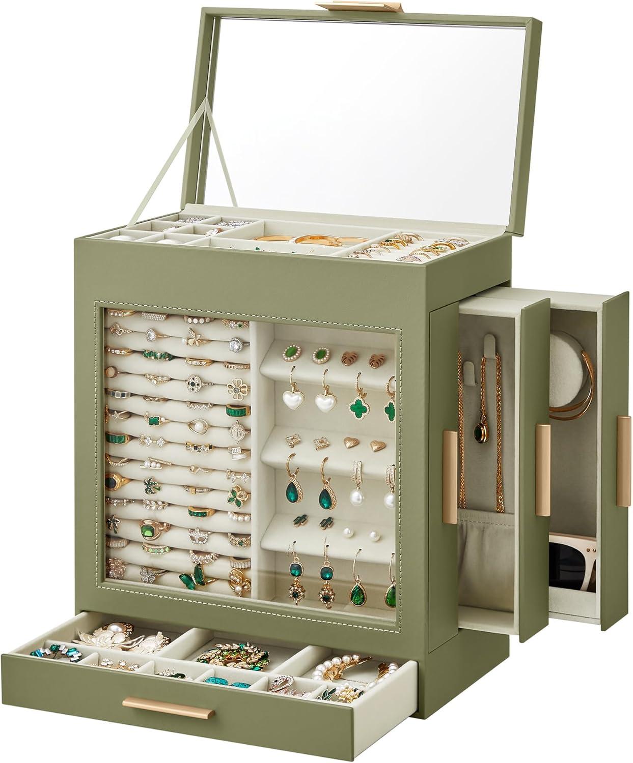 SONGMICS Jewelry Box with Glass Window, 5-Layer Jewelry Organizer with 3 Side Drawers, Jewelry Storage, with Big Mirror, Modern, 6.1 x 10.3 x 12.6 Inches, Laurel Green and Metallic Gold UJBC162C02