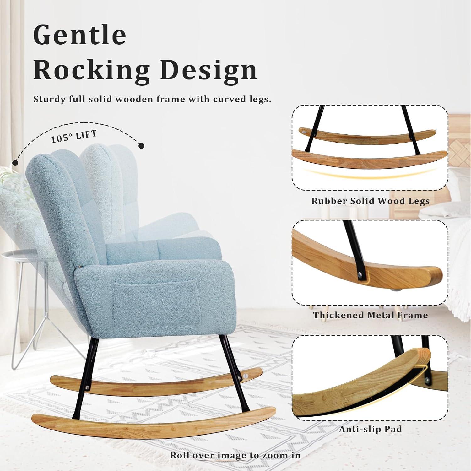 Nursery Rocking Chair Teddy, Upholstered Glider Rocker with High Backrest, Comfortable Stylish Accent Armchair with Padded Seat for Living Rooms, Bedrooms, Offices