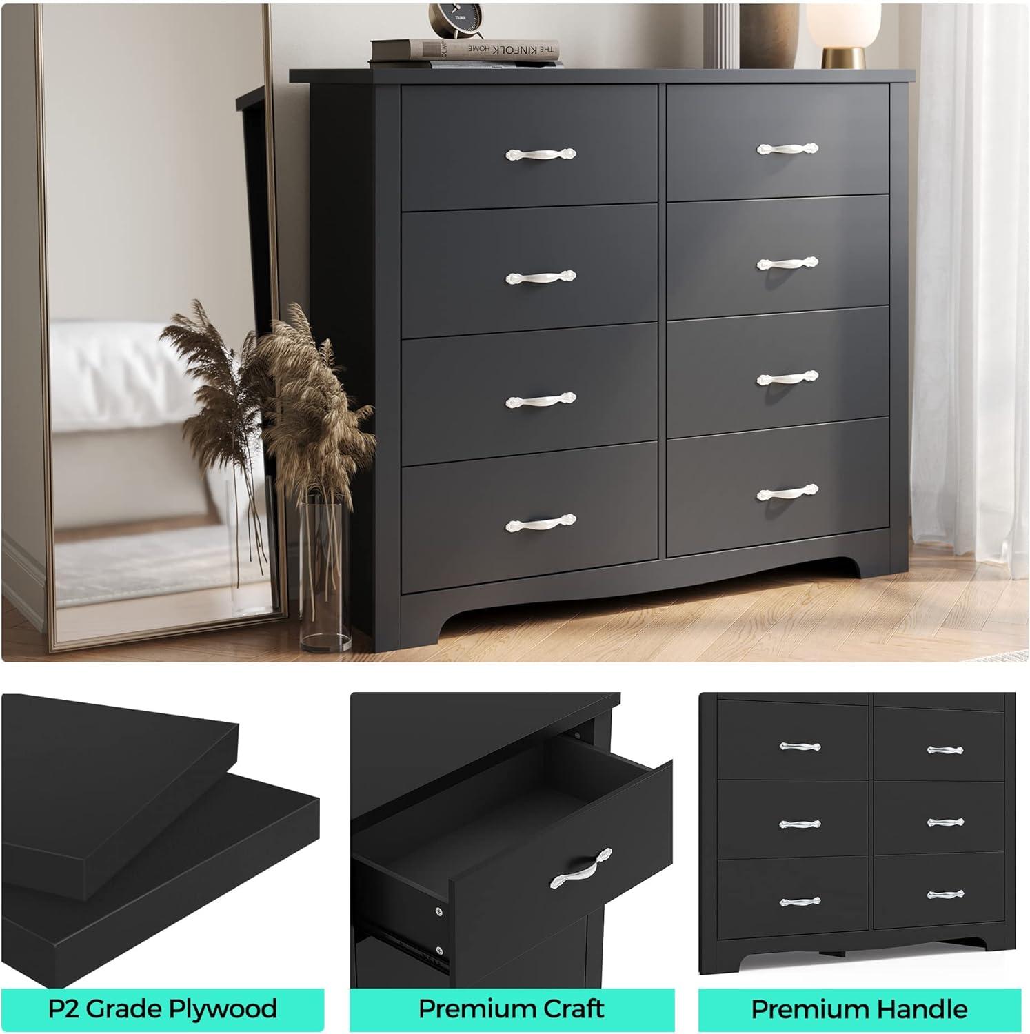 Black Mid-Century Modern 8-Drawer Double Dresser