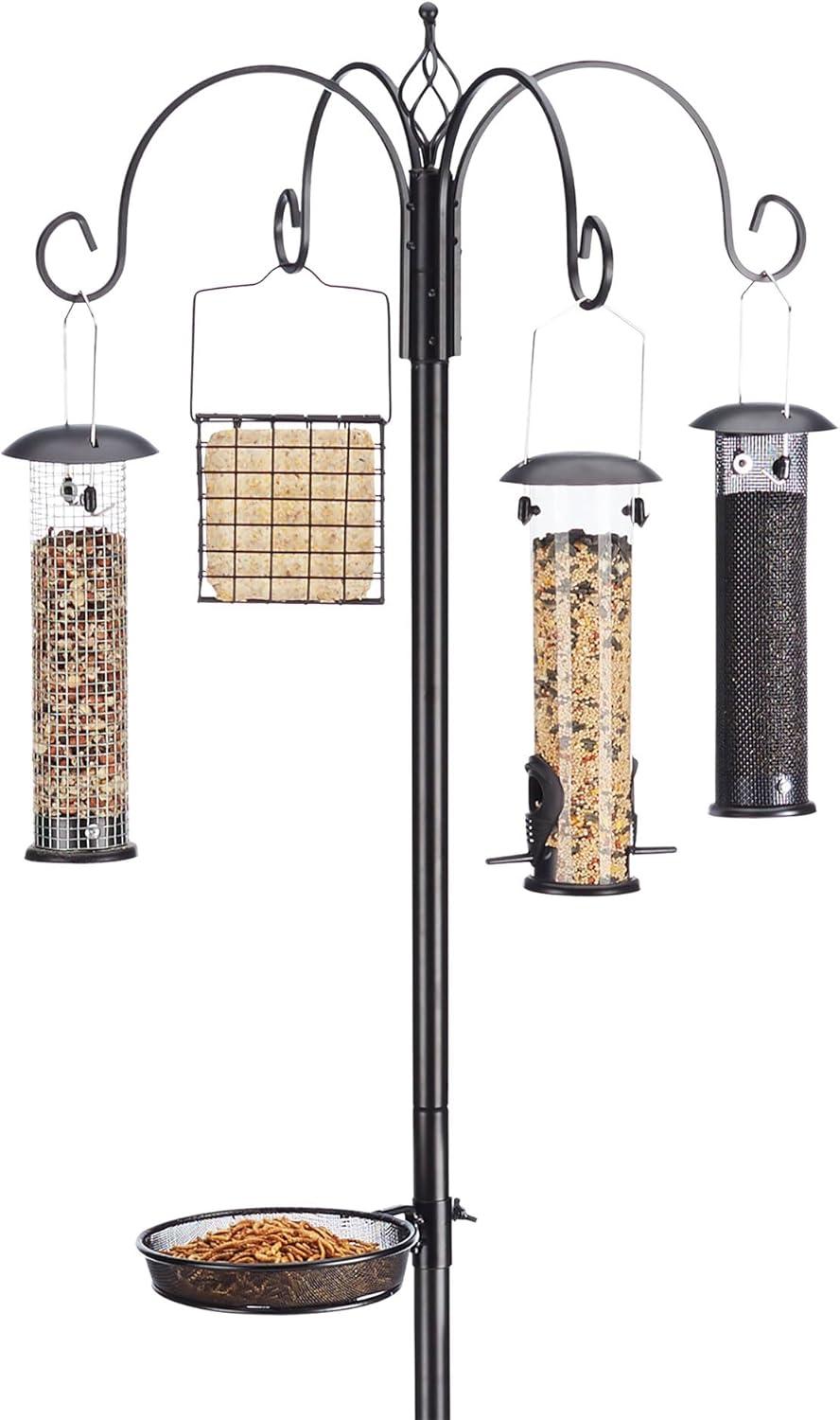 Black Metal Squirrel Resistant Bird Feeder Pole with Multiple Feeders