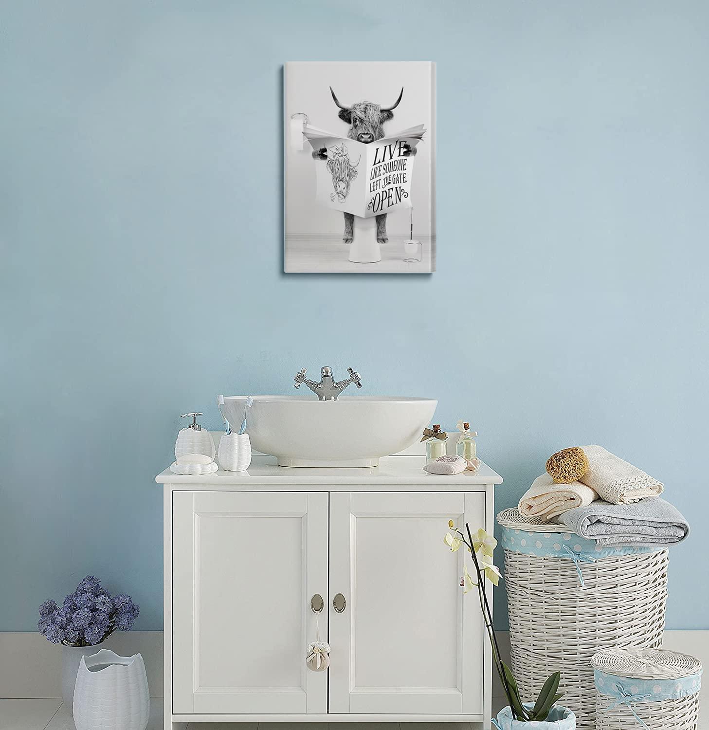 Modern Black Framed Highland Cow Wall Art Minimalist Bathroom Wall Decor Cute Funny Animals Artwork Canvas Prints Ready to Hang for Guest Bathroom, Hotel, Condo, Kids Bathroom, 12”x16”