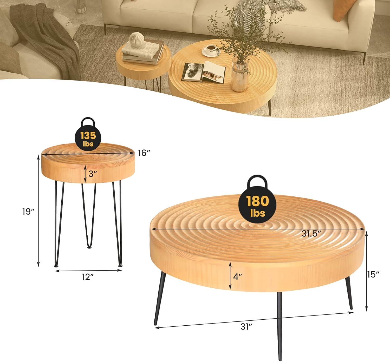 Canddidliike Set of 2 Solid Wood Farmhouse Round Coffee Tables-Ring Pattern, Dining Coffee Table for Living Room and Office