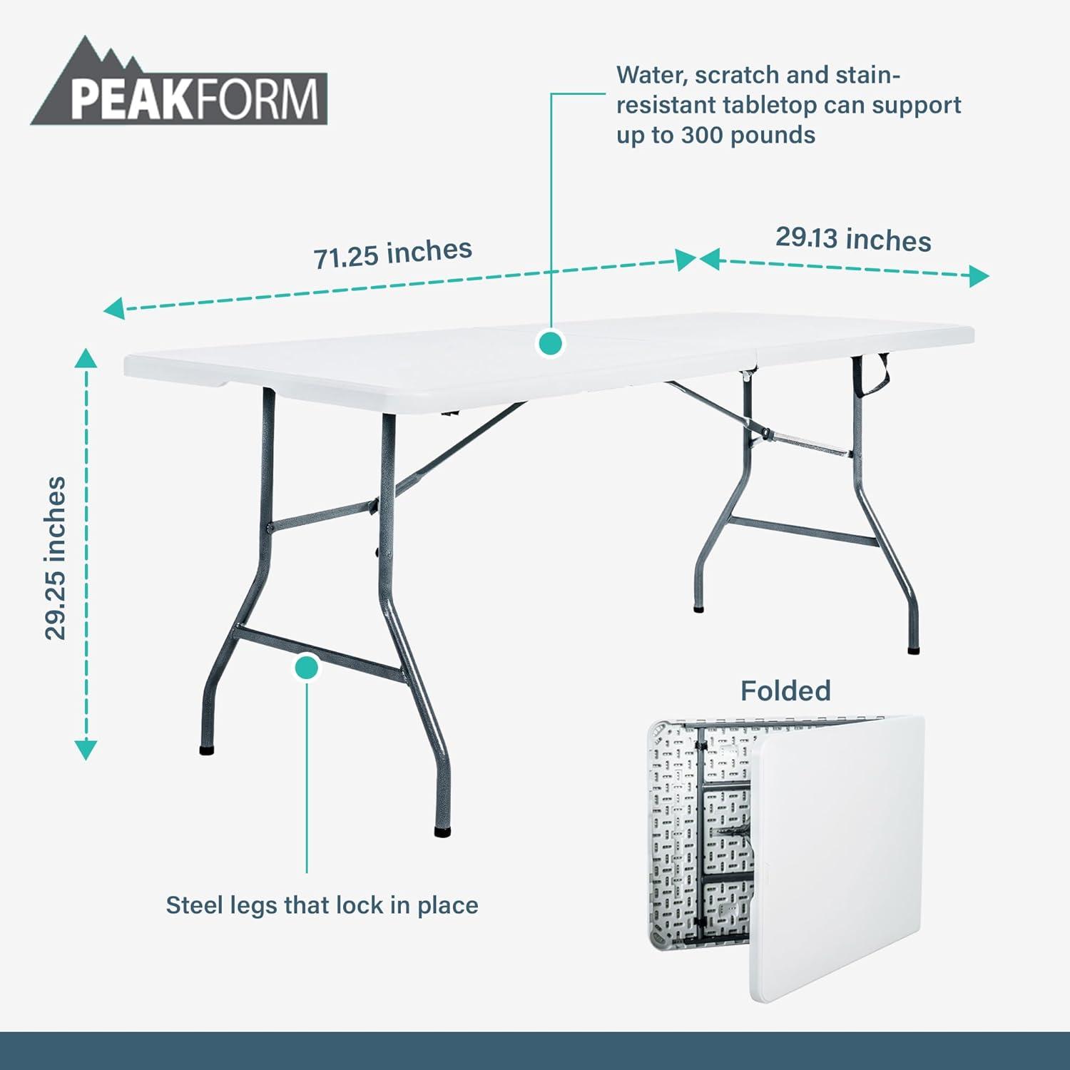 Peakform Multipurpose Banquet Fold-In-Half Table Lightweight Durable Desk with Secure Base for Indoor and Outdoor Events, 6 Foot, White