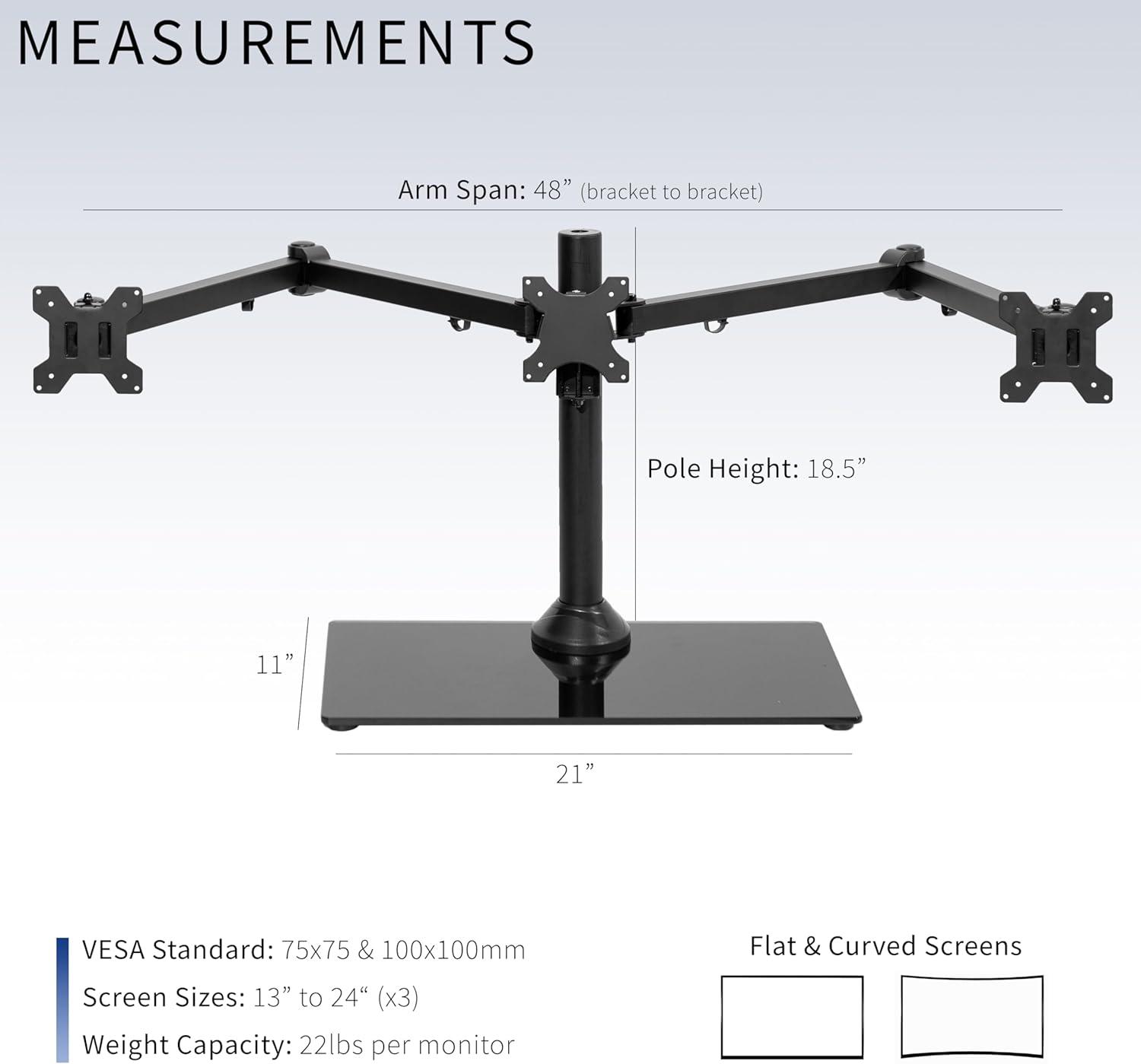 Black Triple Monitor Mount with Glass Base and Steel Arms