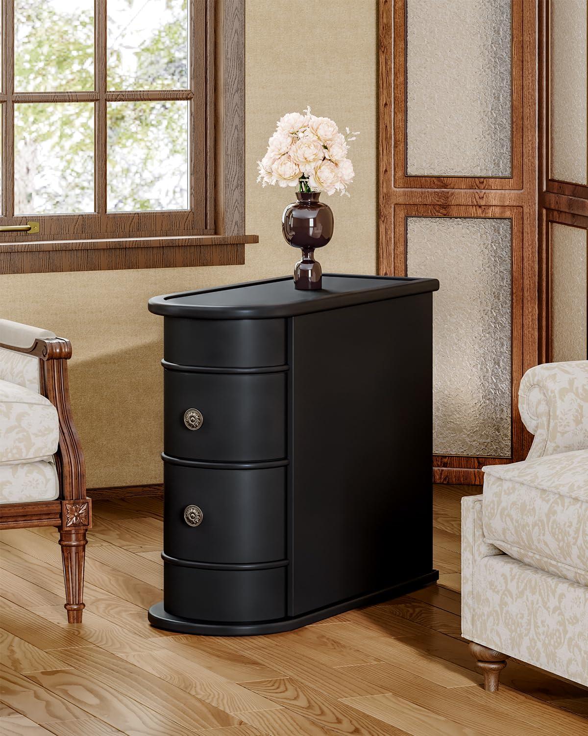 Hommoo Wood Narrow Nightstand with 2 Drawers Black