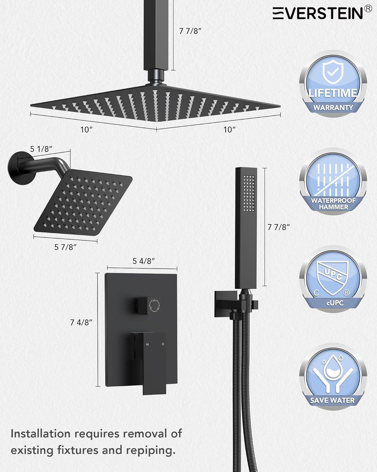 DualJetSpa Triple-Function 10" & 6" Ceiling Mount Complete Shower Faucet with Pressure Balancing Rough-In Valve