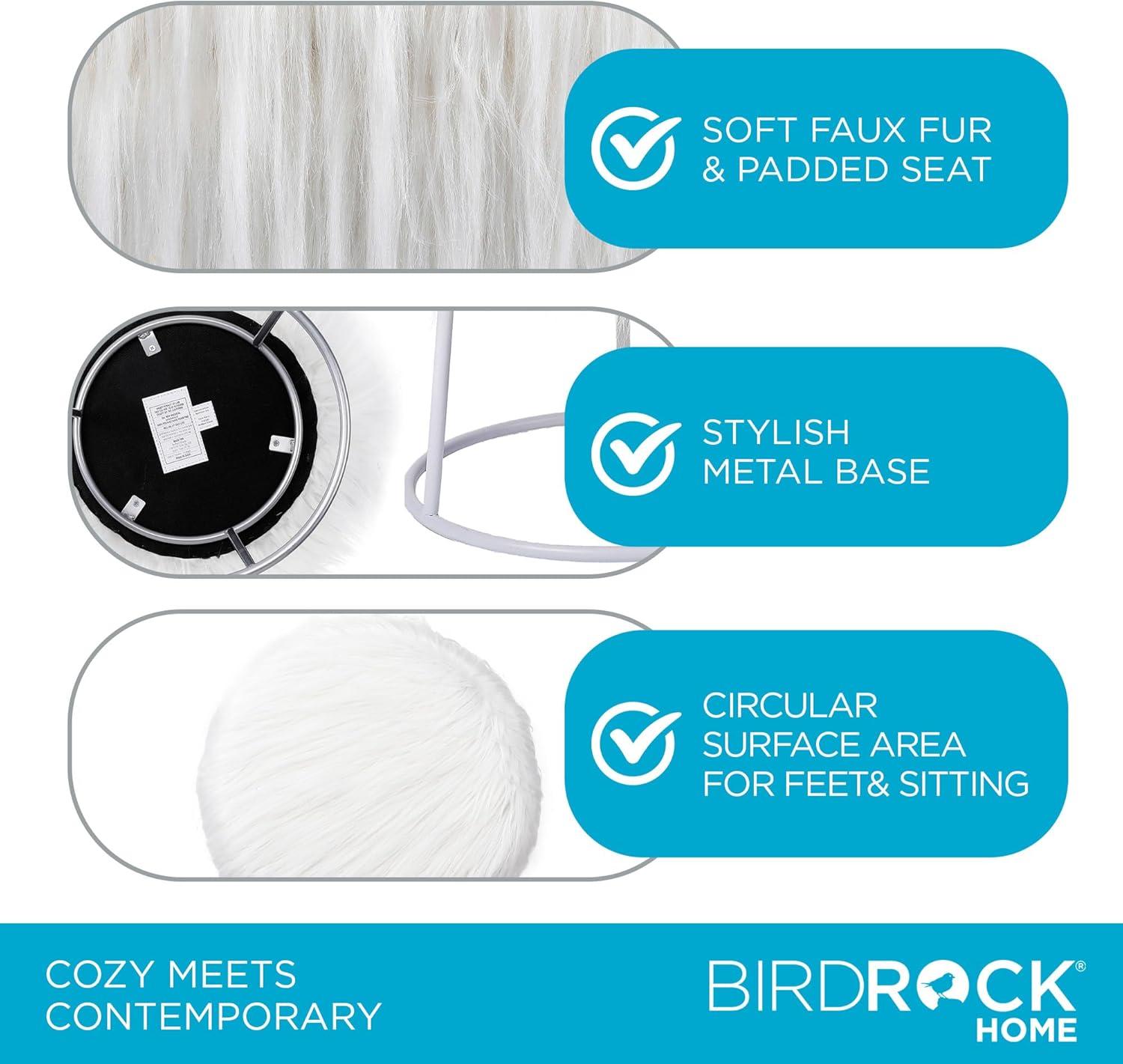 BirdRock Home Round White Faux Fur Foot Stool Storage Ottoman with Silver Legs