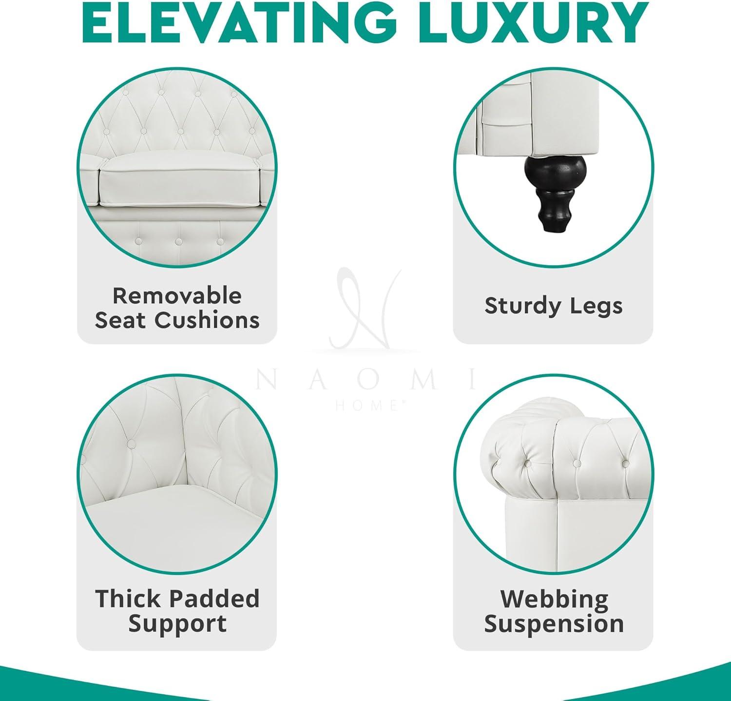 Emery Chesterfield Sofa, Luxurious Comfort for Cozy Living Rooms, Mid-Century Modern couch, Elegance & Serenity, 3-Seater Sofa White,PU