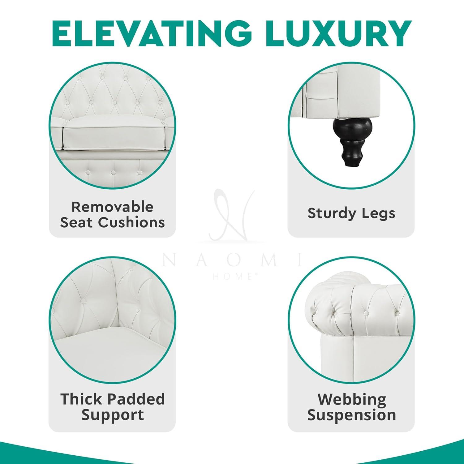 Emery Chesterfield Sofa, Luxurious Comfort for Cozy Living Rooms, Mid-Century Modern couch, Elegance & Serenity, 3-Seater Sofa White,PU