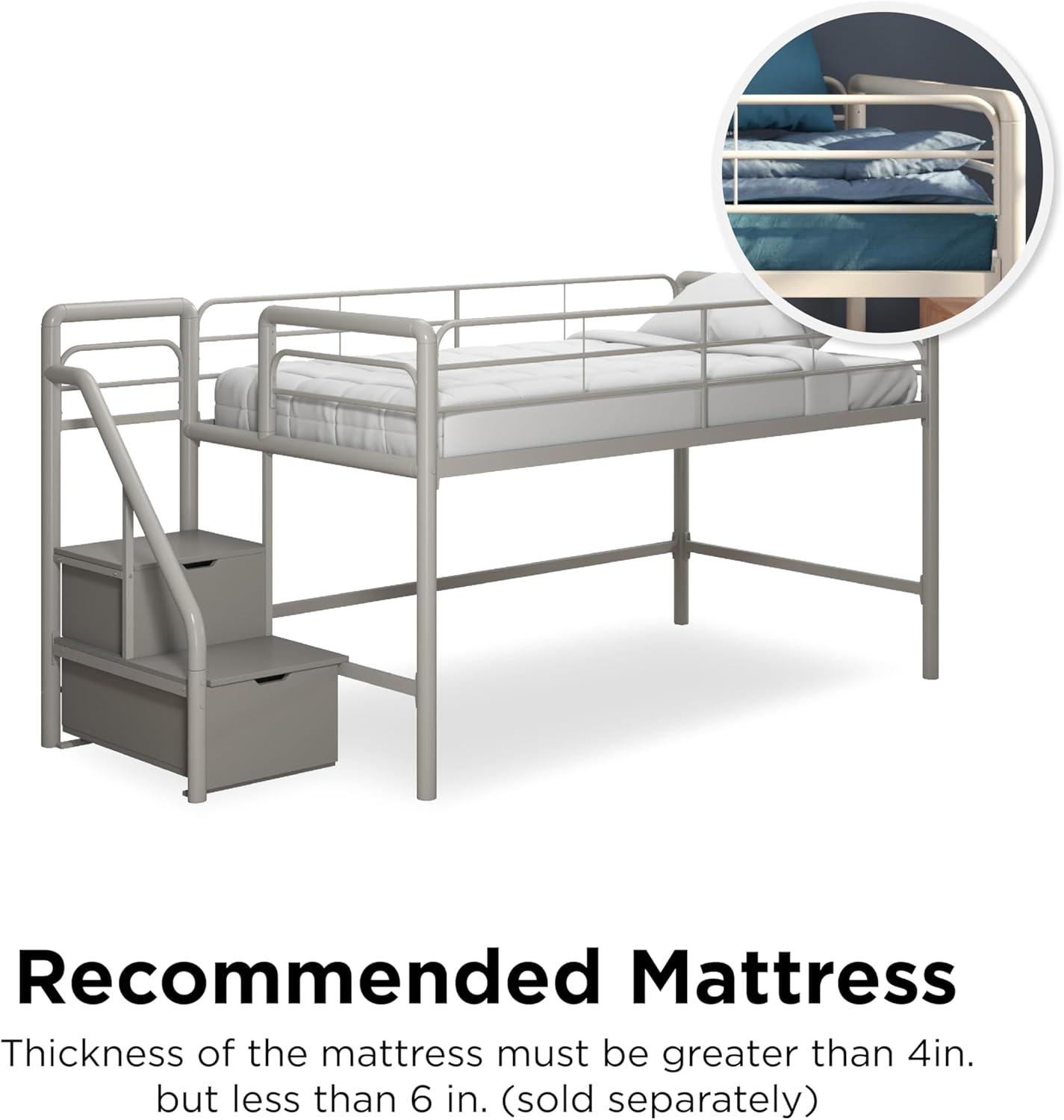 DHP Sol Junior Twin Metal Loft Bed with Storage Steps, Silver