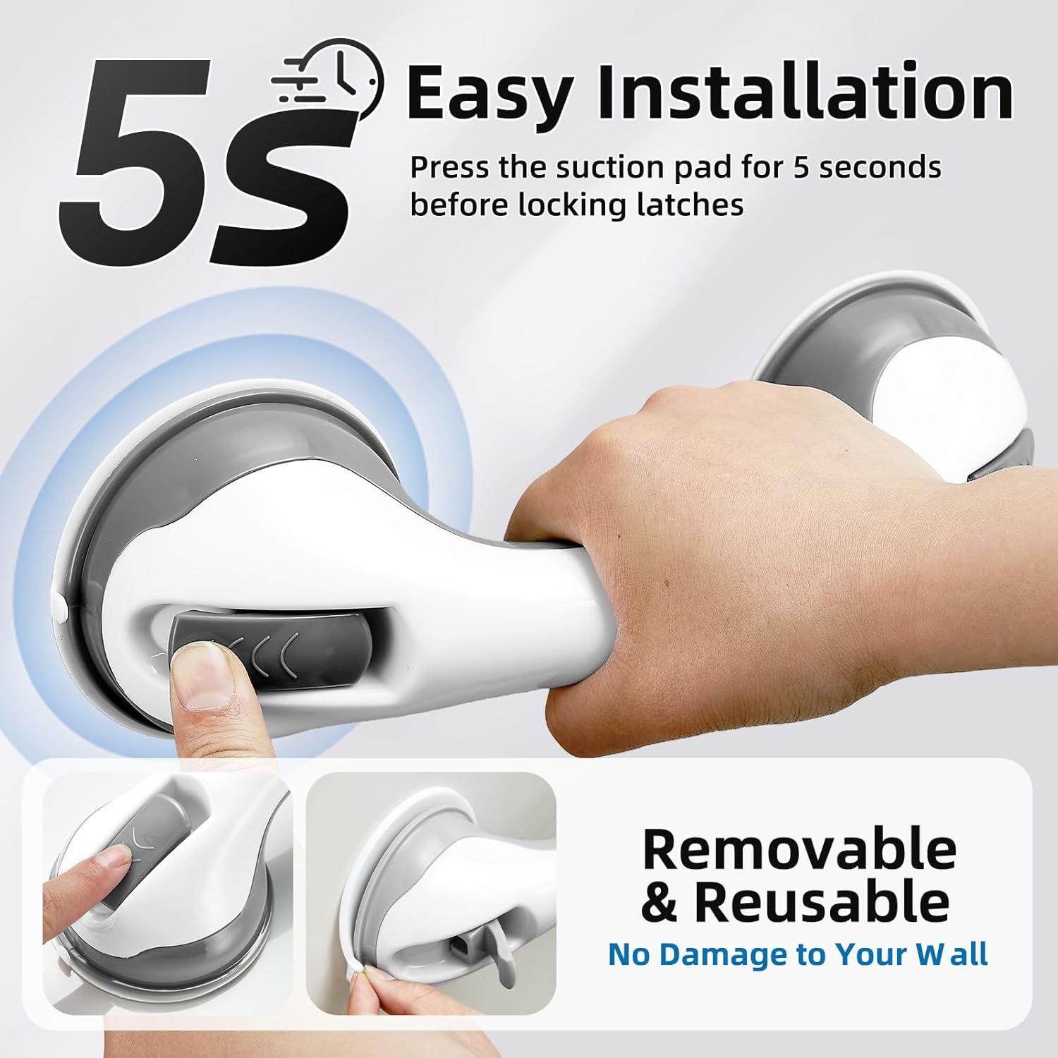 Grab Bars for Bathtubs and Showers, Zynuhmo 2 Pack 12 Inch Suction Safety Grab Bars for Senior and Elderly Assist Support Suction Cup Removable Handrails for Shower Chair No Drilling No Tools(Gray)