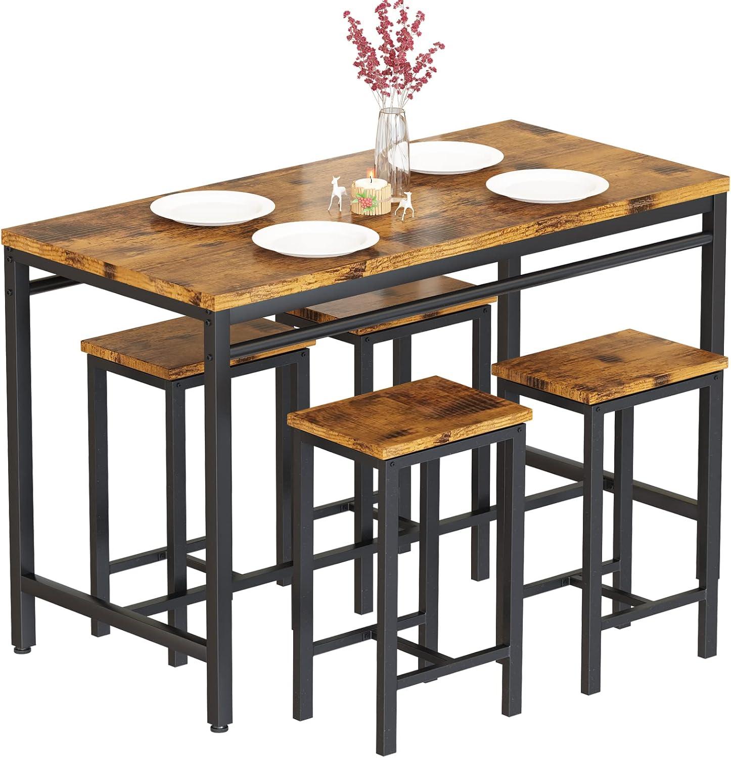 Counter Height Bar Table Set, 5 Piece Dining Table Set, Modern Pub Table with 4 Stools, Home Dining Table and Stools Set, 4-Person Kitchen Breakfast Table Set, Rustic Brown, D8995