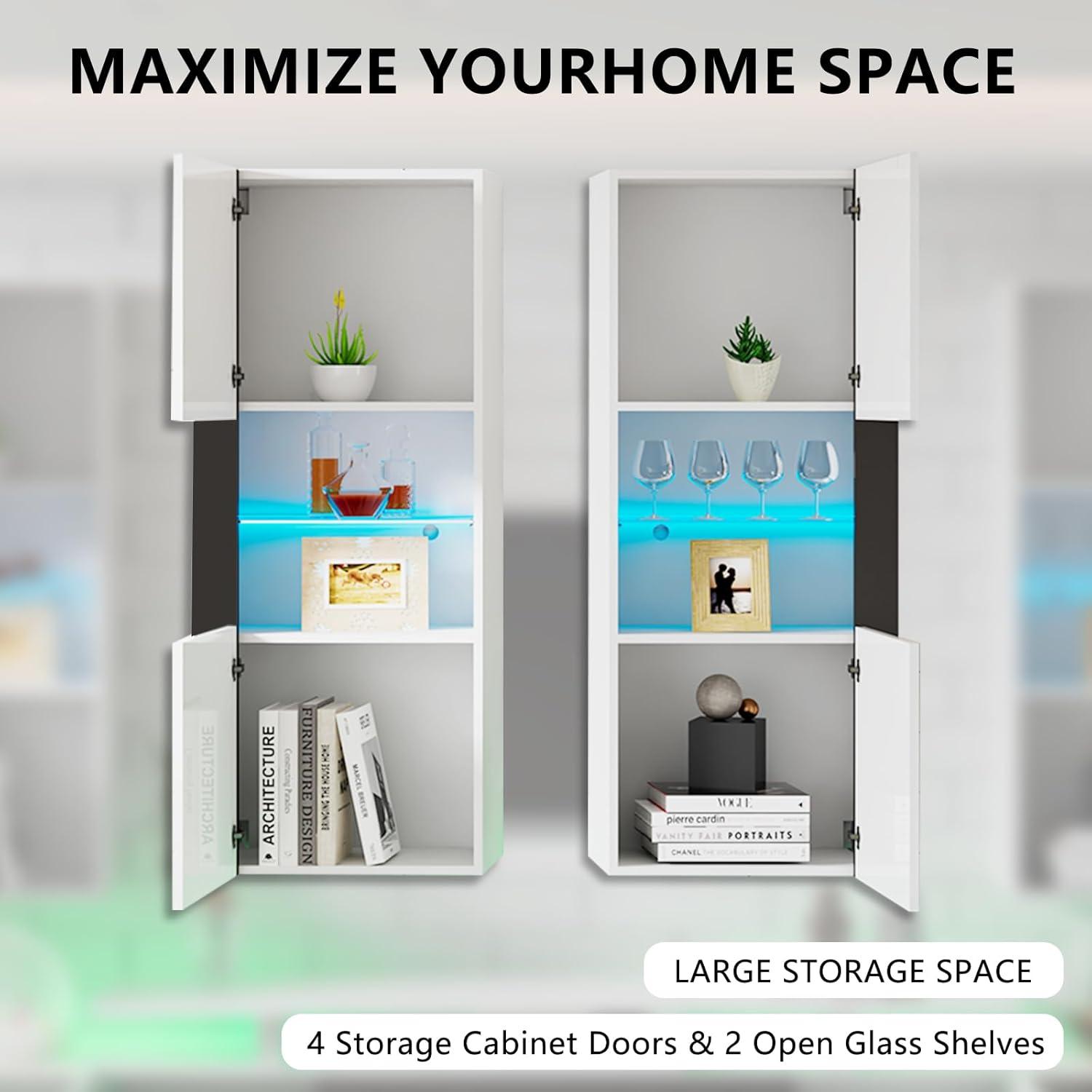 VanAcc Modern Wall Storage Cabinets with LED Lights, Hanging Cabinets with Closed Doors & Open Shelves, Black