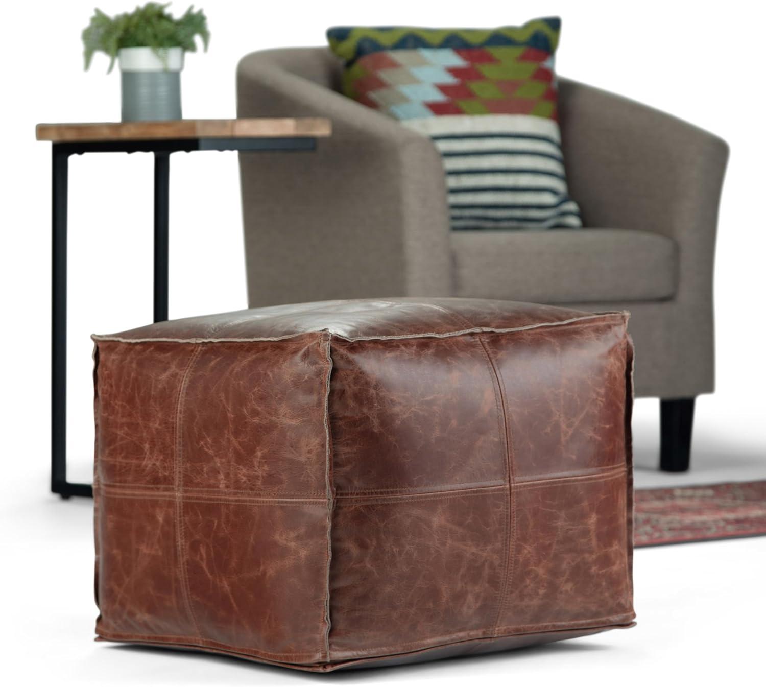 Simpli Home Sheffield Boho Square Pouf in Brown Genuine Leather