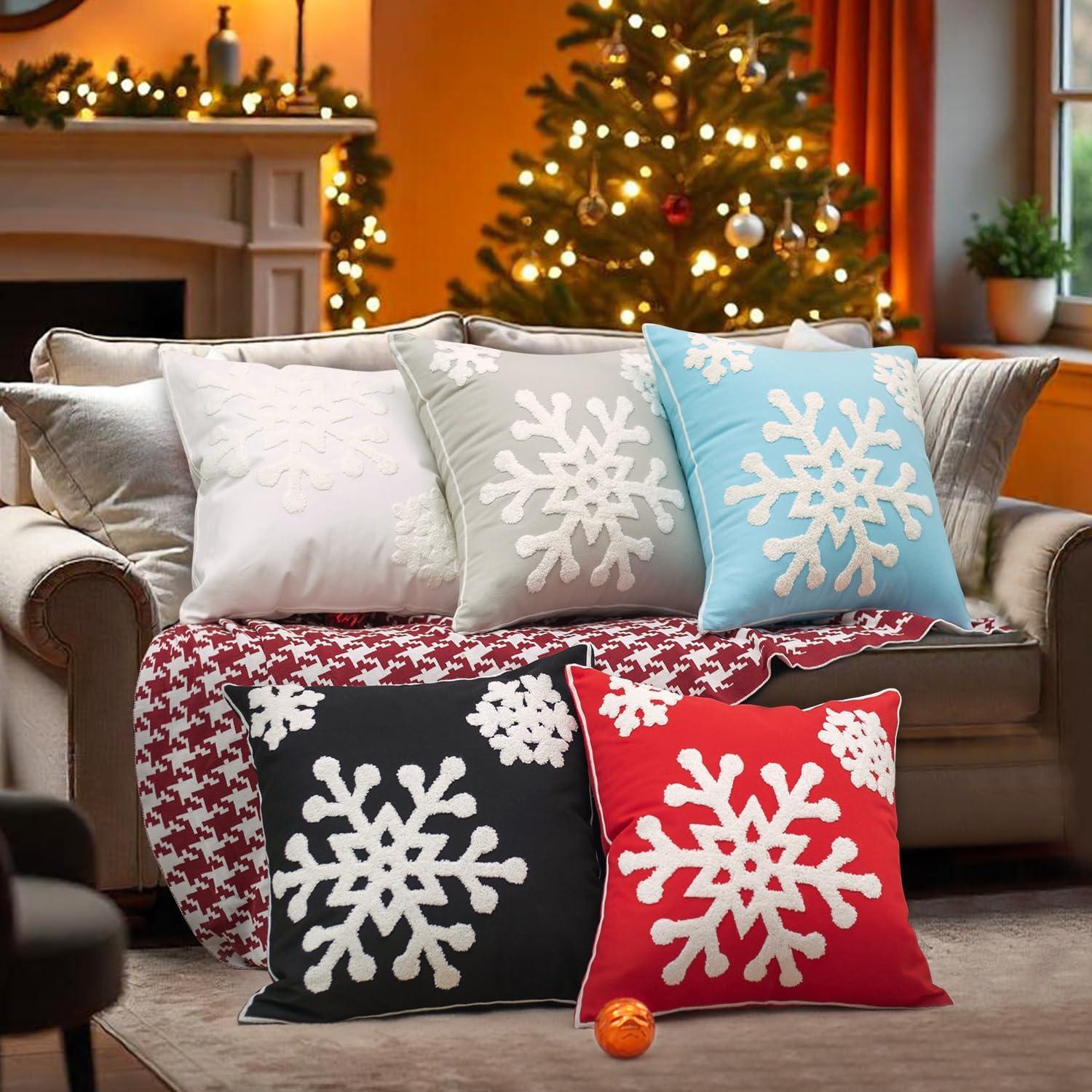 Red Cotton Embroidered Snowflake Euro Pillowcase Pair