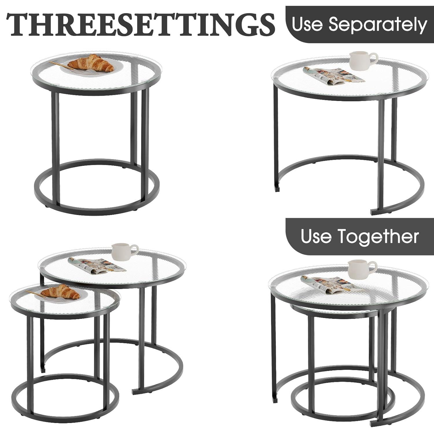 aboxoo Gold Nesting Coffee Table Set of 2, Small Glass Round Nesting Tables for Living Room Bedroom, Accent Tea Table with Black Metal Frame Modern Industrial Simple